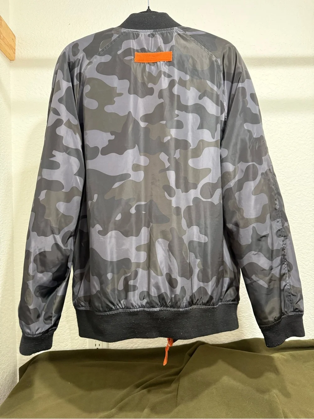 American Rag Gray Camo Bomber Jacket with Orange Lining